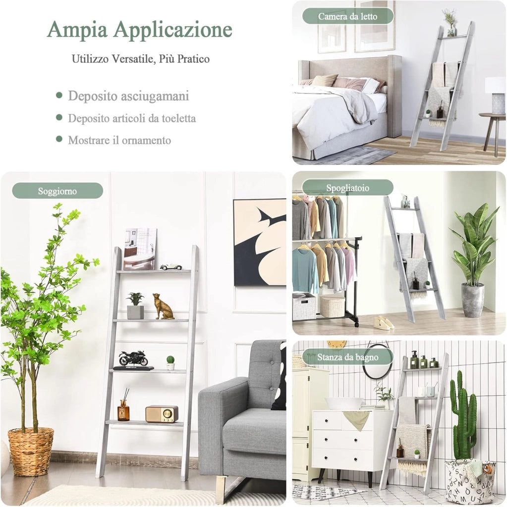 Scaffale di Stoccaggio in Legno di Pino, Porta Asciugamani a 4 Livelli per Bagno, Porta Salviette, Multiuso per Bagno Soggiorno (Grigio, 51 x 8 x 137 cm)