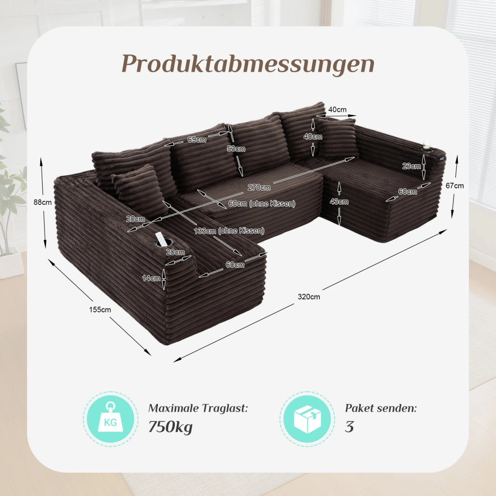 Divano modulare a U con portabicchieri e tasche laterali in corduroy marrone 320 × 155 × 88 cm