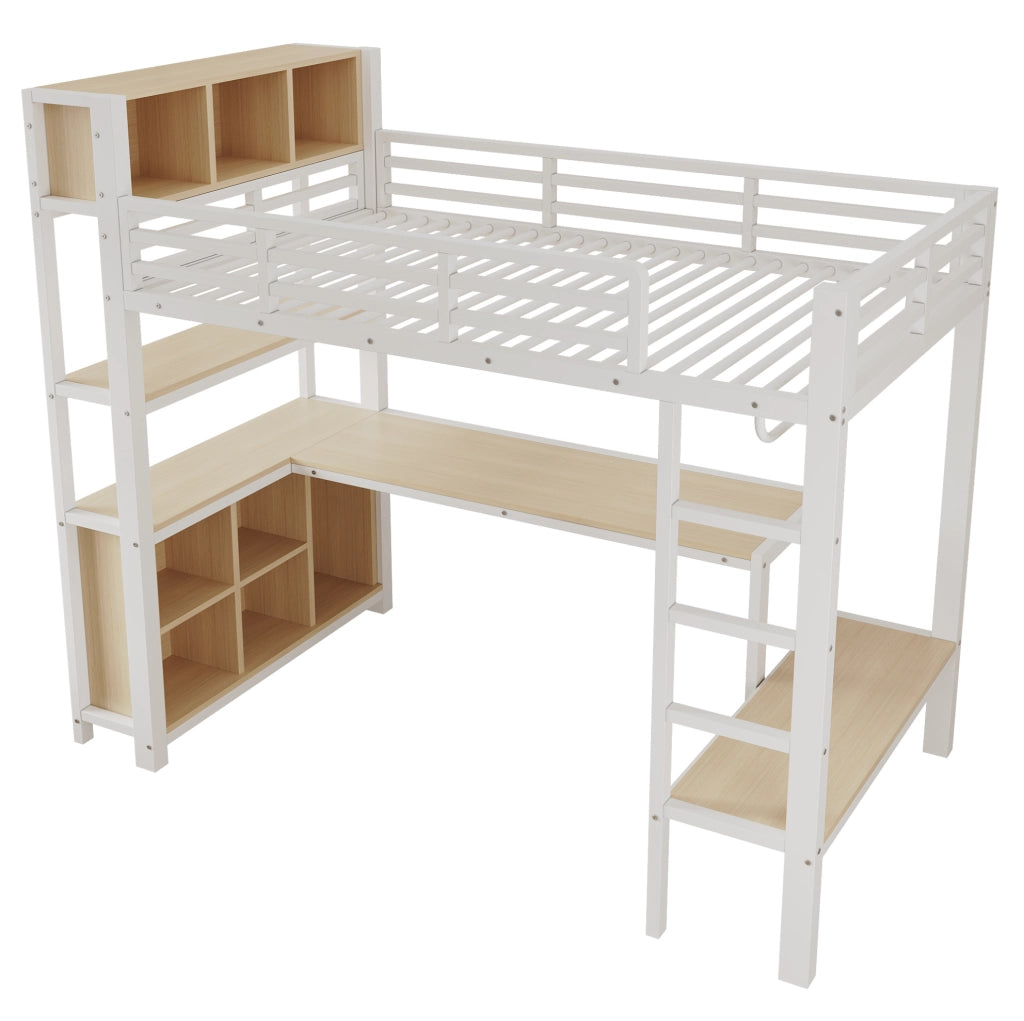 Letto a soppalco 90x200 cm con scrivania; appendiabiti; ripiani e vani portaoggetti; bianco