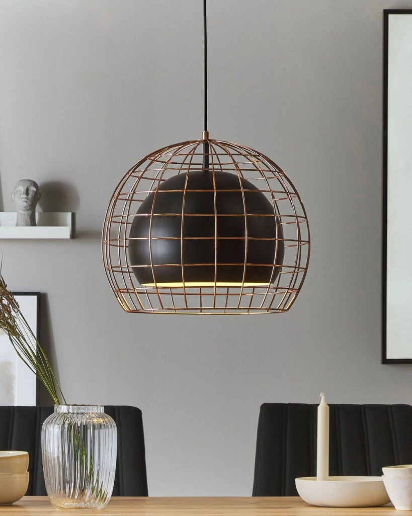 Lampada da Soffitto in Metallo Nero con Paralume a Gabbia 128 cm