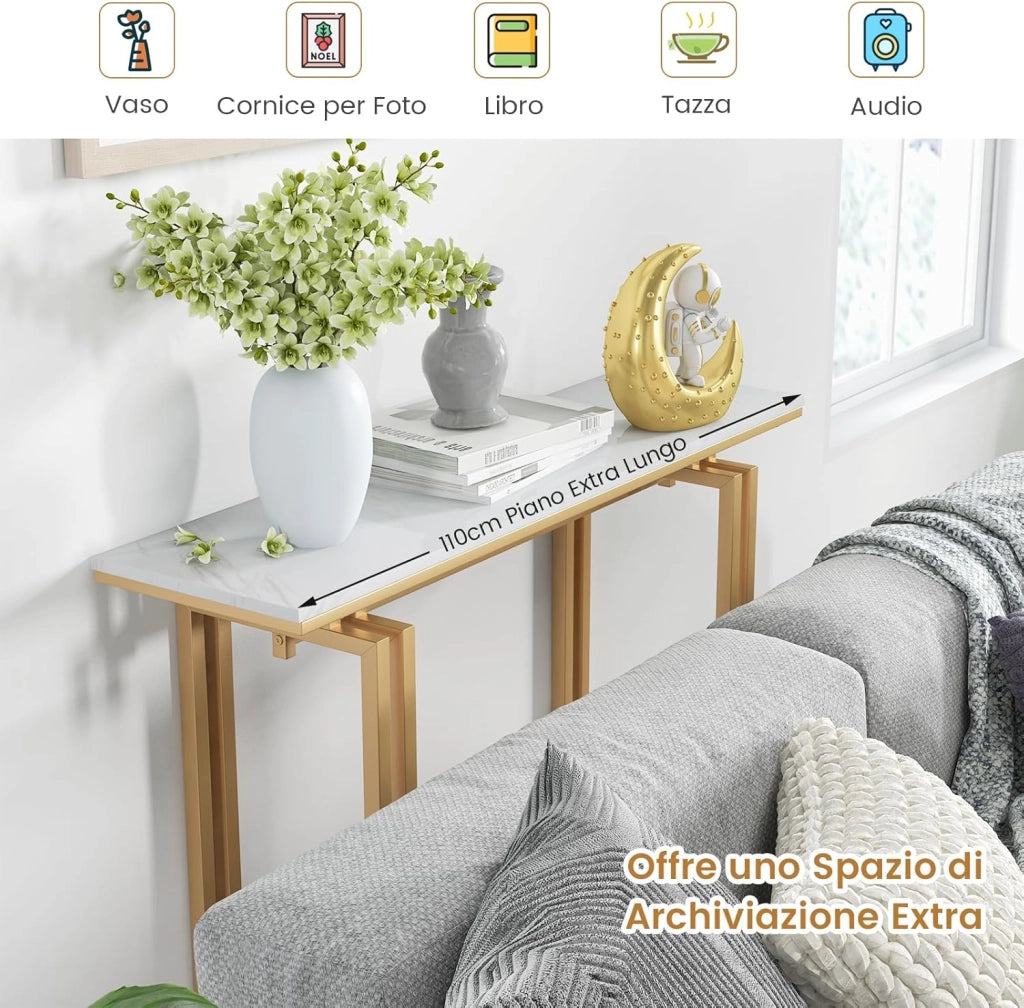 Tavolo Consolle 110cm, Tavolo da Ingresso con Piano in Finto Marmo, Struttura in Metallo e Poggiapiedi Regolabili, Tavolino da Divano Moderno per Salotto, Corridoio e Ingresso (Oro)
