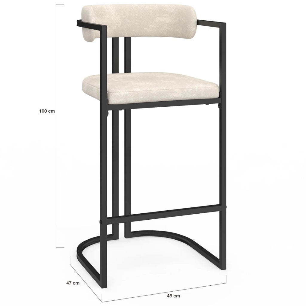 IDMarket - Set di 4 sgabelli da bar RONDY in tessuto ciniglia ecru con braccioli e gambe in metallo nero