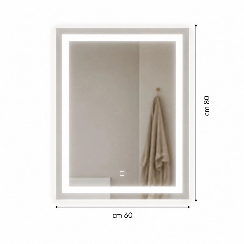 Specchio da bagno ed ambienti rettangolare con cornice led e interruttore touch *** misure 60x80 cm, tonalità standa...
