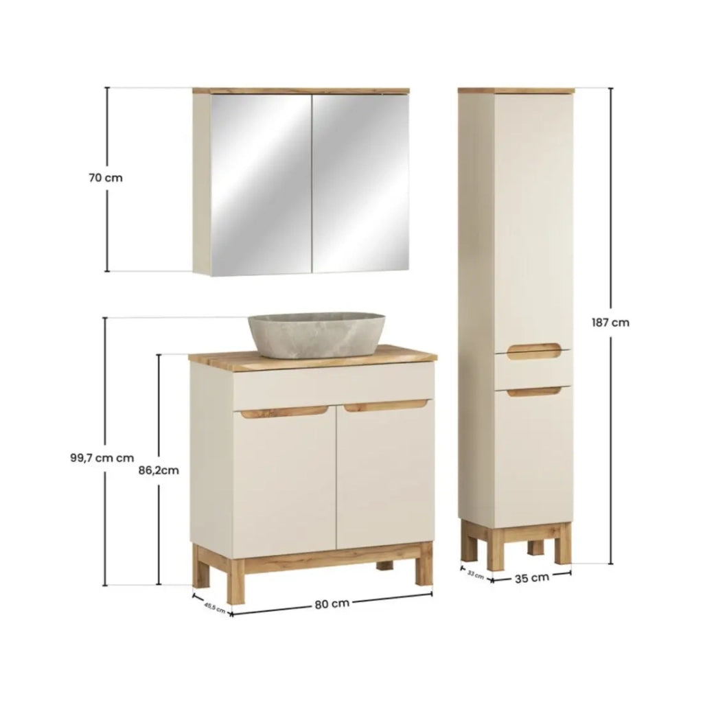 Insieme ERMANO cachemire 115cm: mobile sotto lavabo + piano per lavabo bisellato + lavabo da appoggio + mobili contenitori + specchi