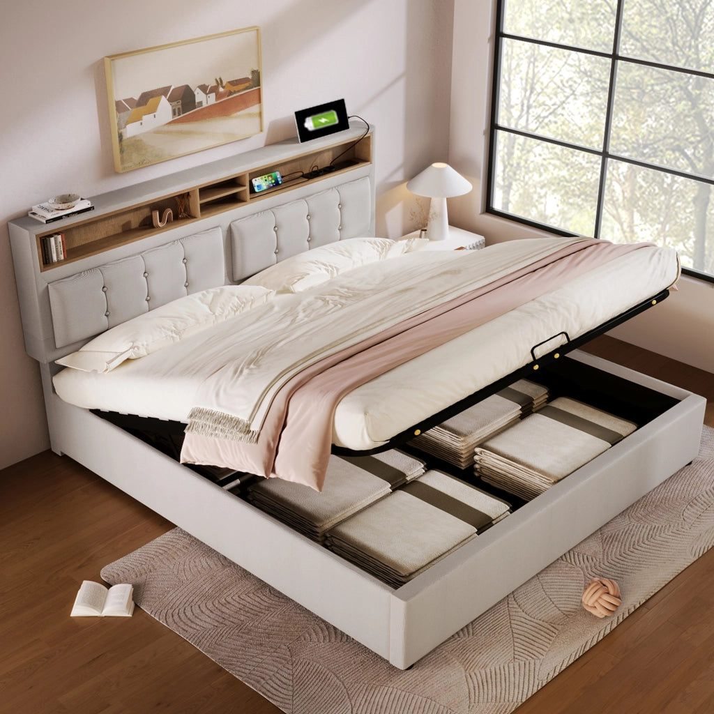 Letti contenitori 160x200 cm; testiera regolabile con contenitore; lino; beige (Senza materasso)