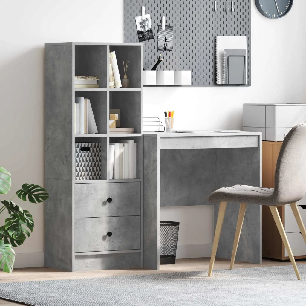 Scrivania | Tavolo da Ufficio con cassetto con lo scaffale 2 pz Grigio cemento