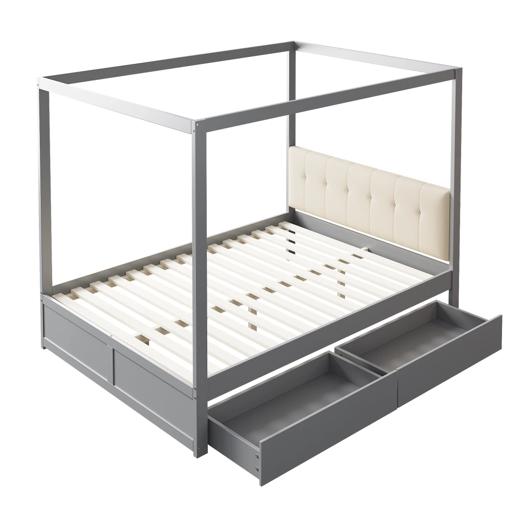 Letto con Cassetti 140x200 cm - Schienale Imbottito e Tenda - in Legno Grigio