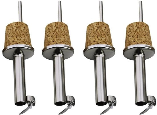 Flesgieter in Acciaio Inossidabile - 4 Pezzi - Tappo in Legno - Progettato per un Design Sicuro - Adatto per Vino/Birra - 9cm Dimensioni - Dispenser per Vino