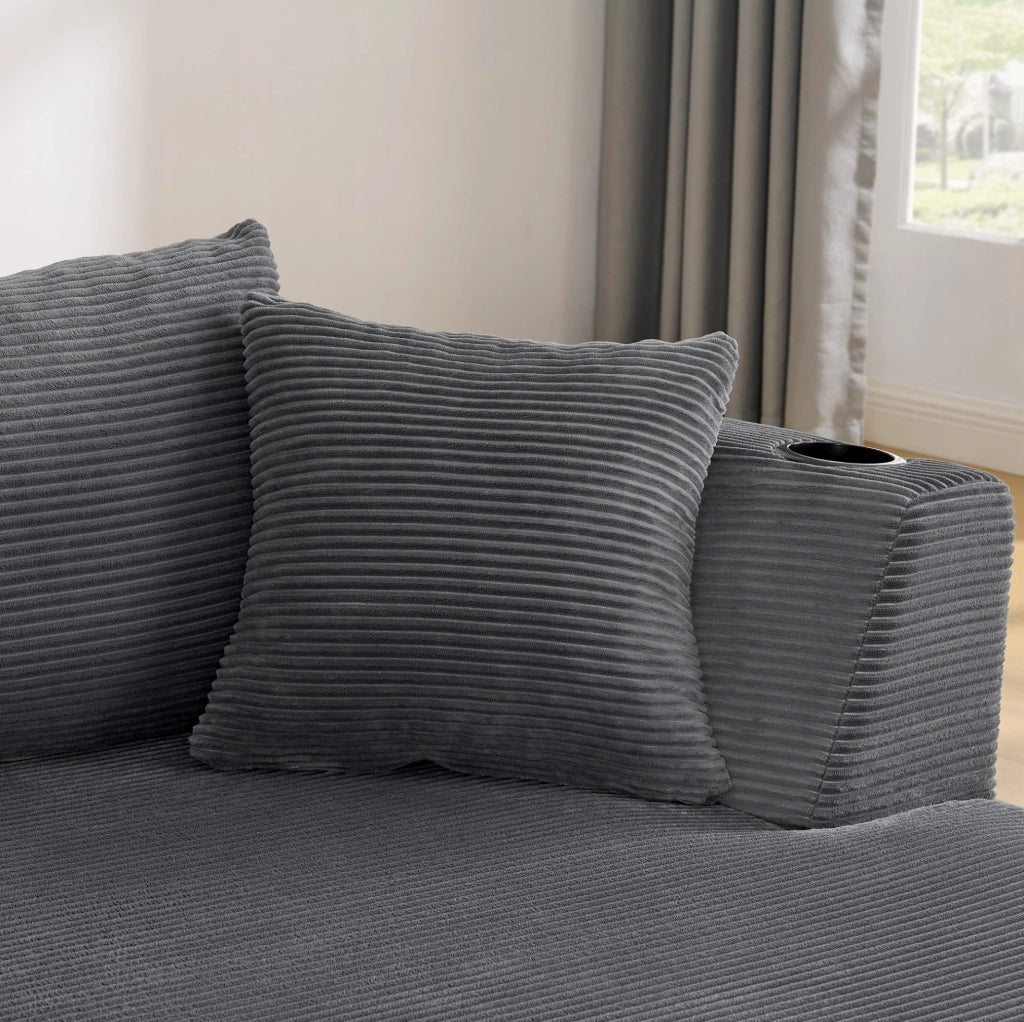 Divano 3 posti dal design curvo in tessuto a coste grigio con portabicchieri