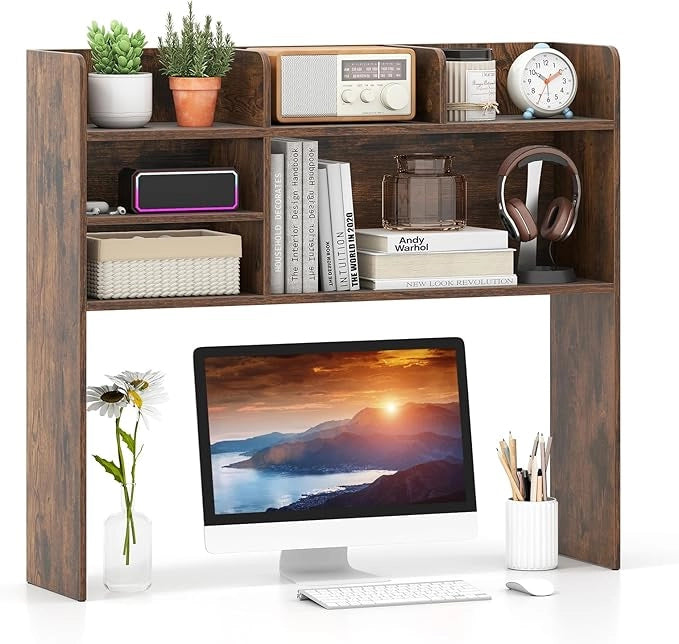 Libreria da Scrivania, Scaffale da Scrivania con 6 Ripiani in Legno, Scomparto Aperto per Monitor 32", Espositore per Dormitori Uffici Studio, 94 x 24 x 85 cm (Marrone)