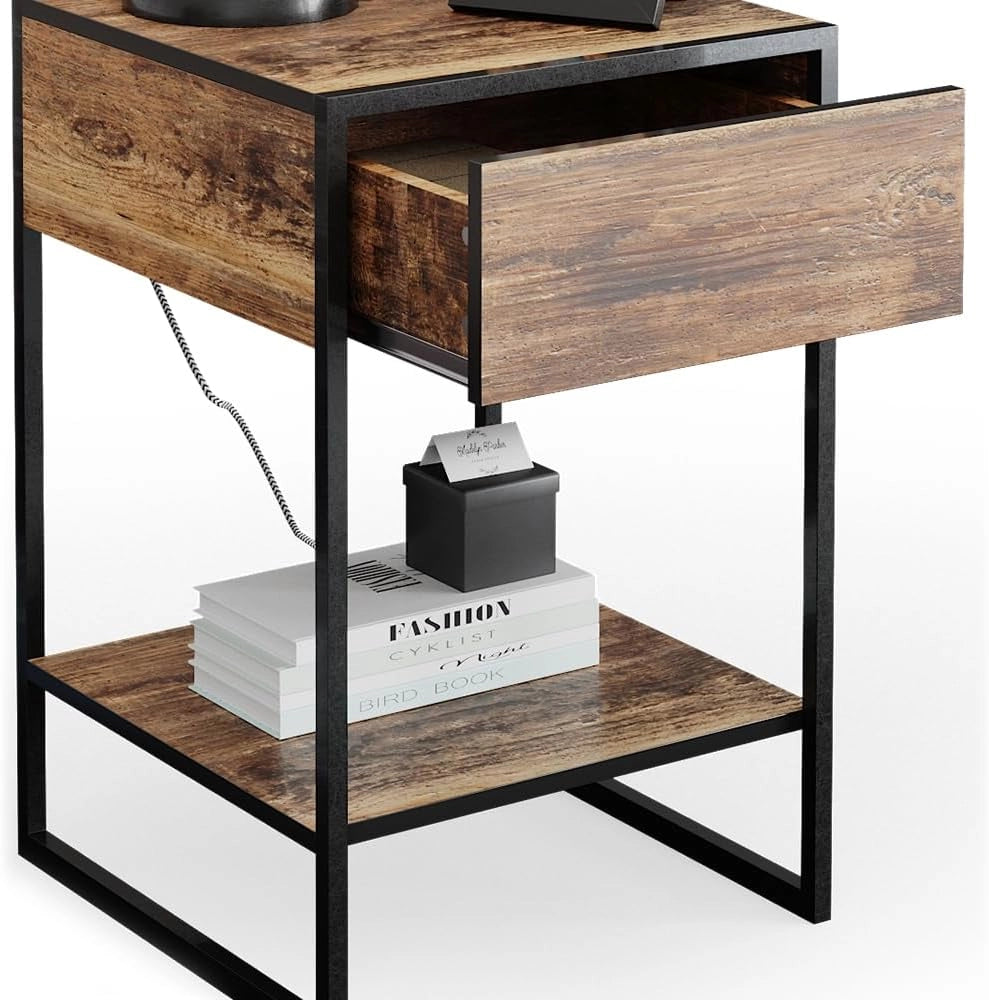 Comodini camera da letto Fyrk, Legno antico, Set di 2, per riporre oggetti di uso quotidiano accanto al letto