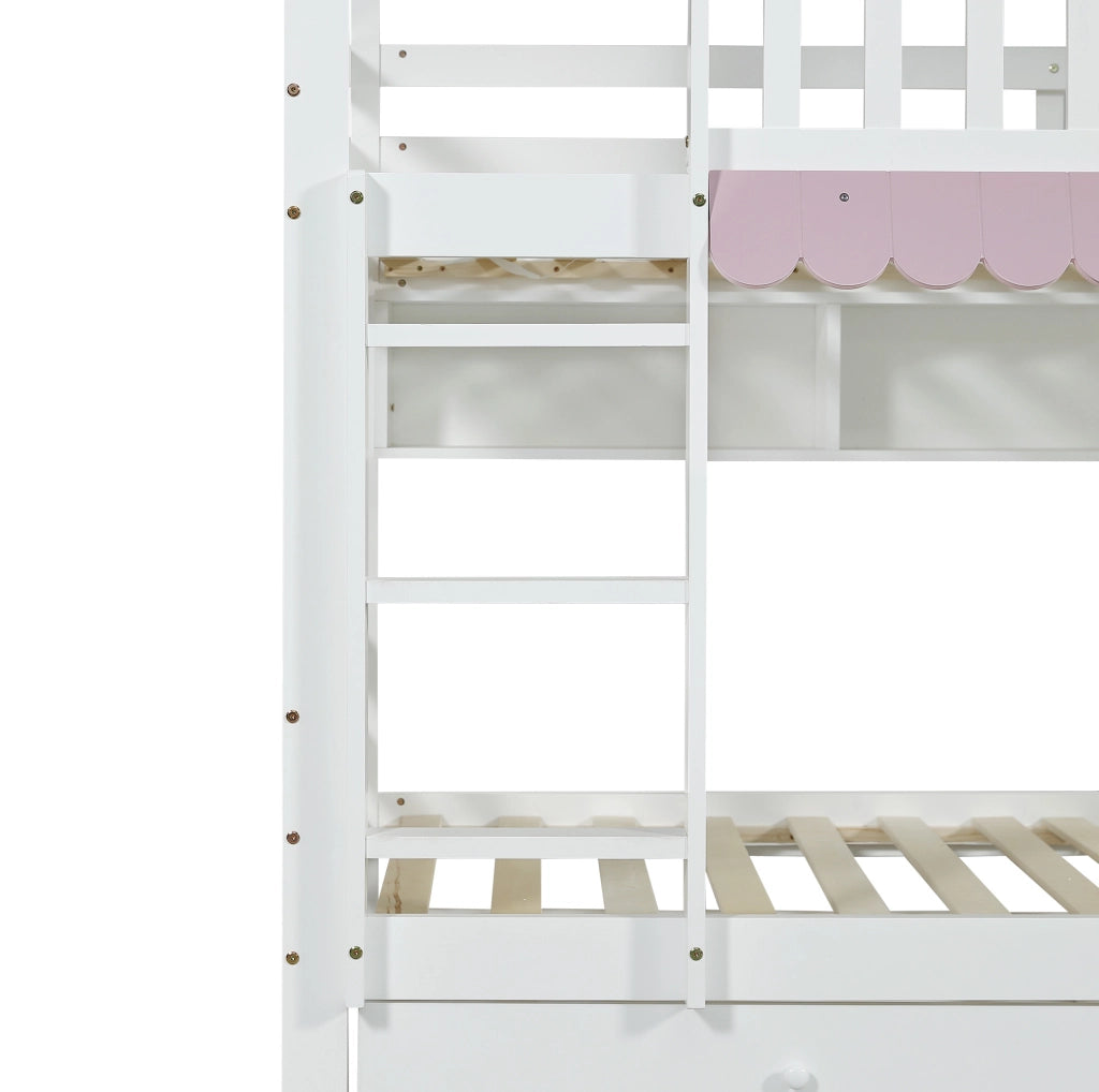 Letto a castello 90x200 cm con cassetti e ripiani in pino e MDF bianco e rosa