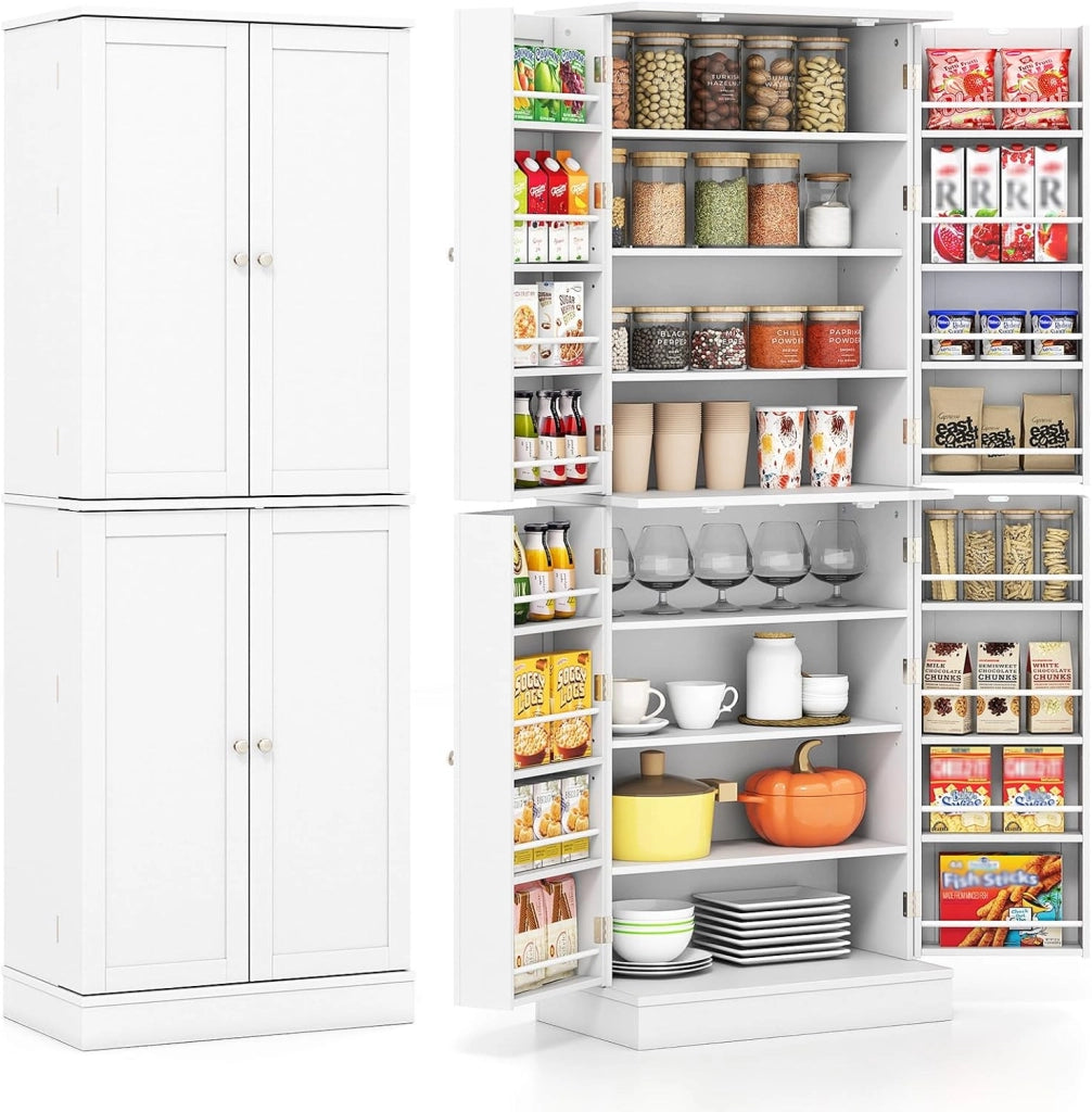 Armadio da Cucina Alto a 8 Livelli, 60 x 35 x 166,5 cm, con 6 Ripiani Regolabili e Ante, Credenza Moderna per Sala da Pranzo e Soggiorno, Bianco