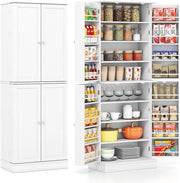 Armadio da Cucina Alto a 8 Livelli, 60 x 35 x 166,5 cm, con 6 Ripiani Regolabili e Ante, Credenza Moderna per Sala da Pranzo e Soggiorno, Bianco
