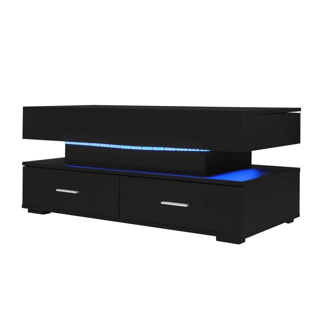 Tavolino da caff猫 100x50x44 cm; alzata idraulica con LED e vani contenitore; truciolare nero