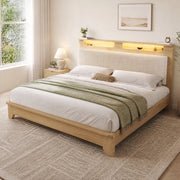 Letto matrimoniale 160x200 cm con LED; testiera con vano contenitore e rivestimento beige