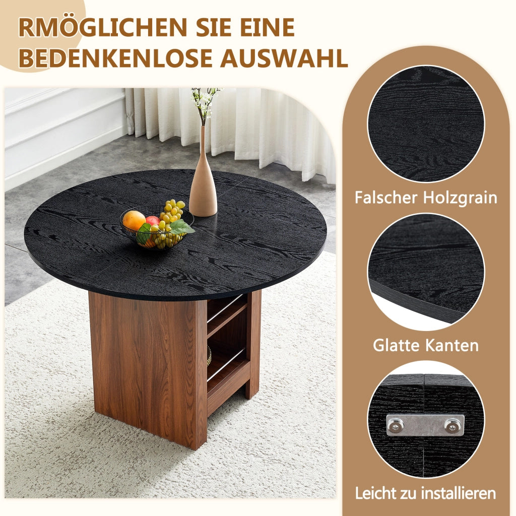 Tavolo da pranzo rotondo con vani contenitore in MDF nero effetto noce, diametro 100 cm, altezza 76 cm