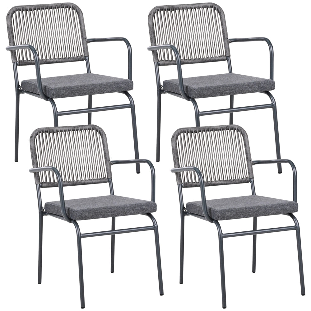 Set di 4 sedie da giardino in metallo alluminio impilabile verniciato a polvere per esterni con cuscini extra grigio
