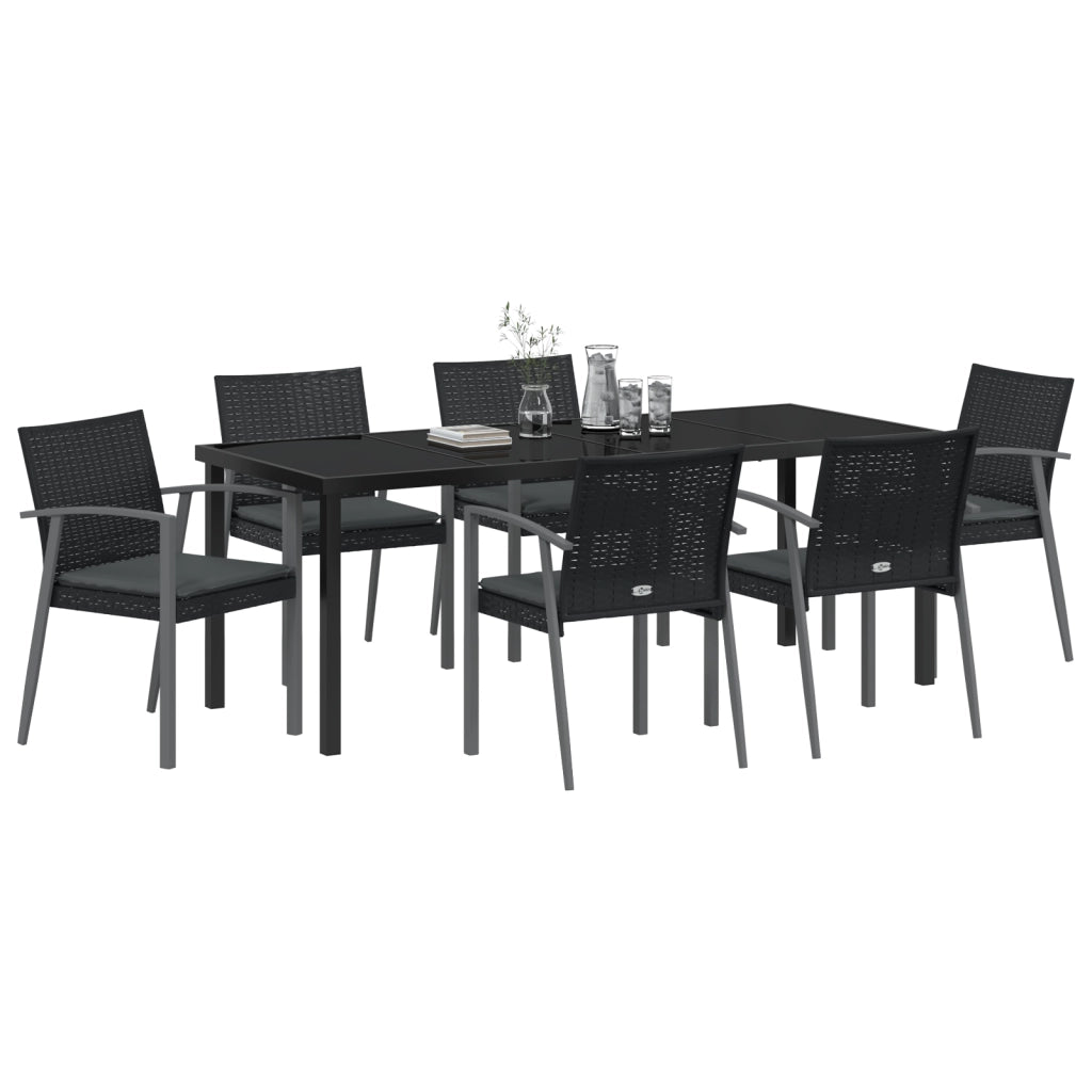 Set da Pranzo da Giardino 7 Pezzi con Cuscini in Polyrattan Nero