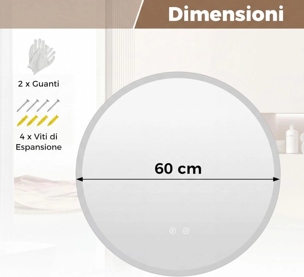 Specchio Rotondo con Luce 60 cm, Specchio Retroilluminato Bagno con 3 Colori Luce, Antideflagrante, Antiappannamento, Luminosità Regolabile, IP44, Memoria e Vetro Temperato HD (60 x 60 cm)