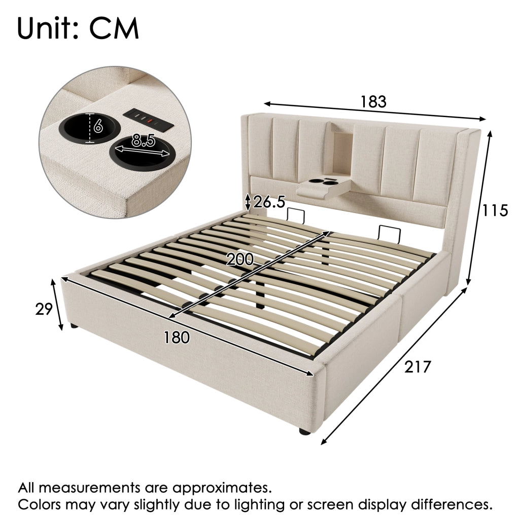 Letto imbottito 180x200 cm con ricarica USB-C e vano contenitore
