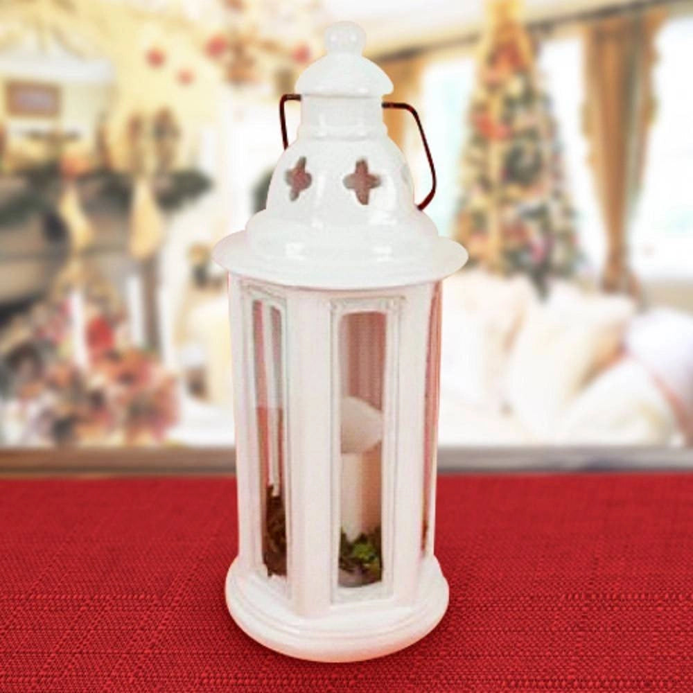 Trade Shop - Lanterna Tonda Metallo Bianco Con Candela A Batterie 35 Cm Decorazioni Natalizie -