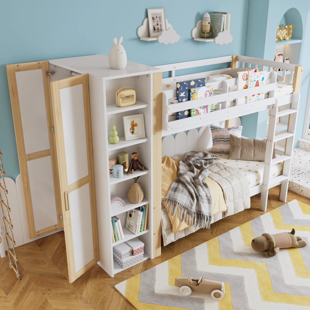 OKWISH Letto a Castello 90×200 cm, Letto Singolo con 6 Mensole, Armadio Laterale e Scala a 4 Gradini, senza Materasso, Bianco e Naturale