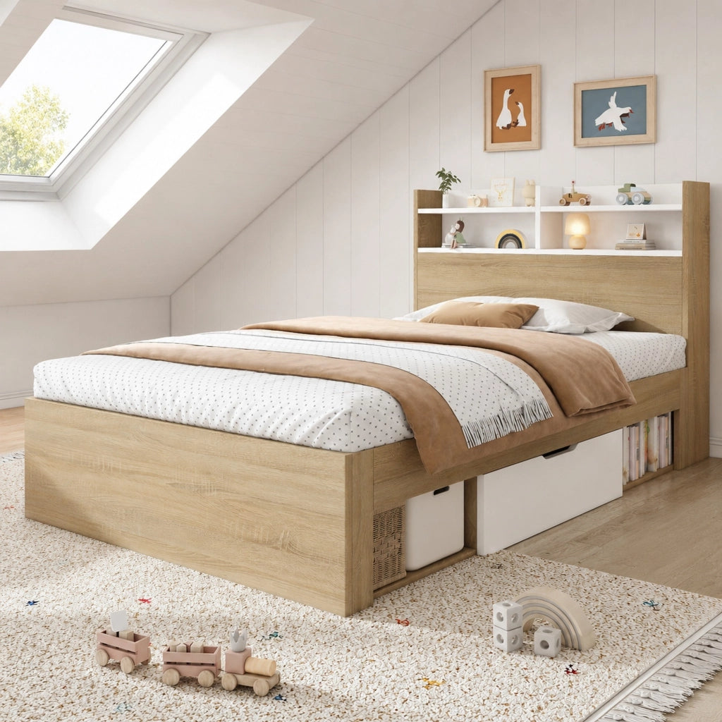 Letto singolo con contenitore 90x190 cm bianco e rovere; testiera con ripiani e 2 cassetti