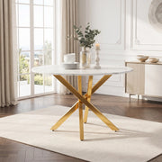 Tavolo rotondo 80 cm con piano effetto marmo e gambe cromate oro in MDF bianco