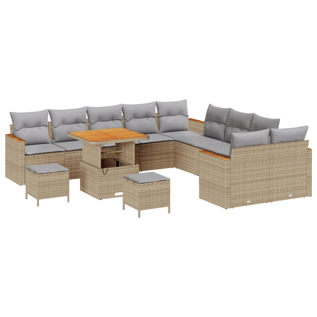 Set Divano da Giardino da 13 Pezzi con Cuscini Beige Polyrattan Acacia