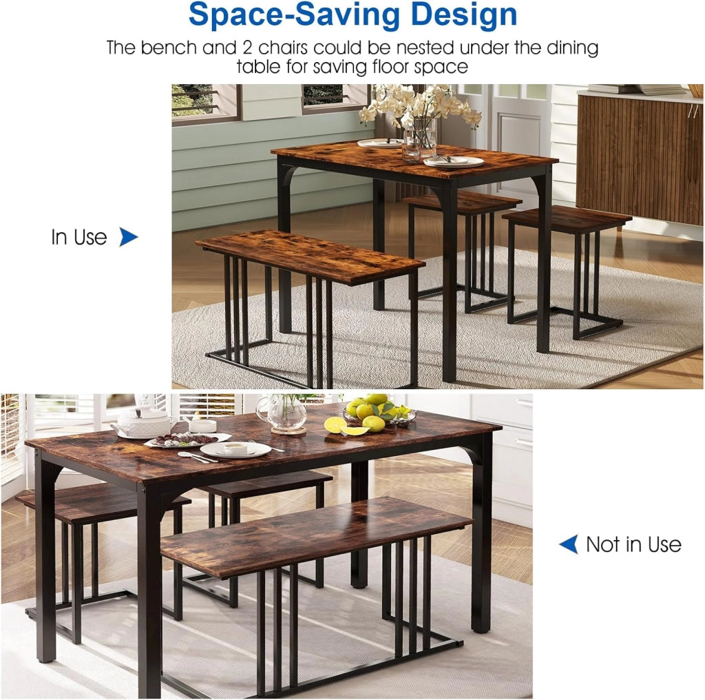Set tavolo e sedia da pranzo 4 pezzi, tavolo da cucina 4 persone 120 x 60 x 75 con 1 panca e 2 sgabelli, struttura in metallo, per sala da pranzo, soggiorno, caffè (marrone)