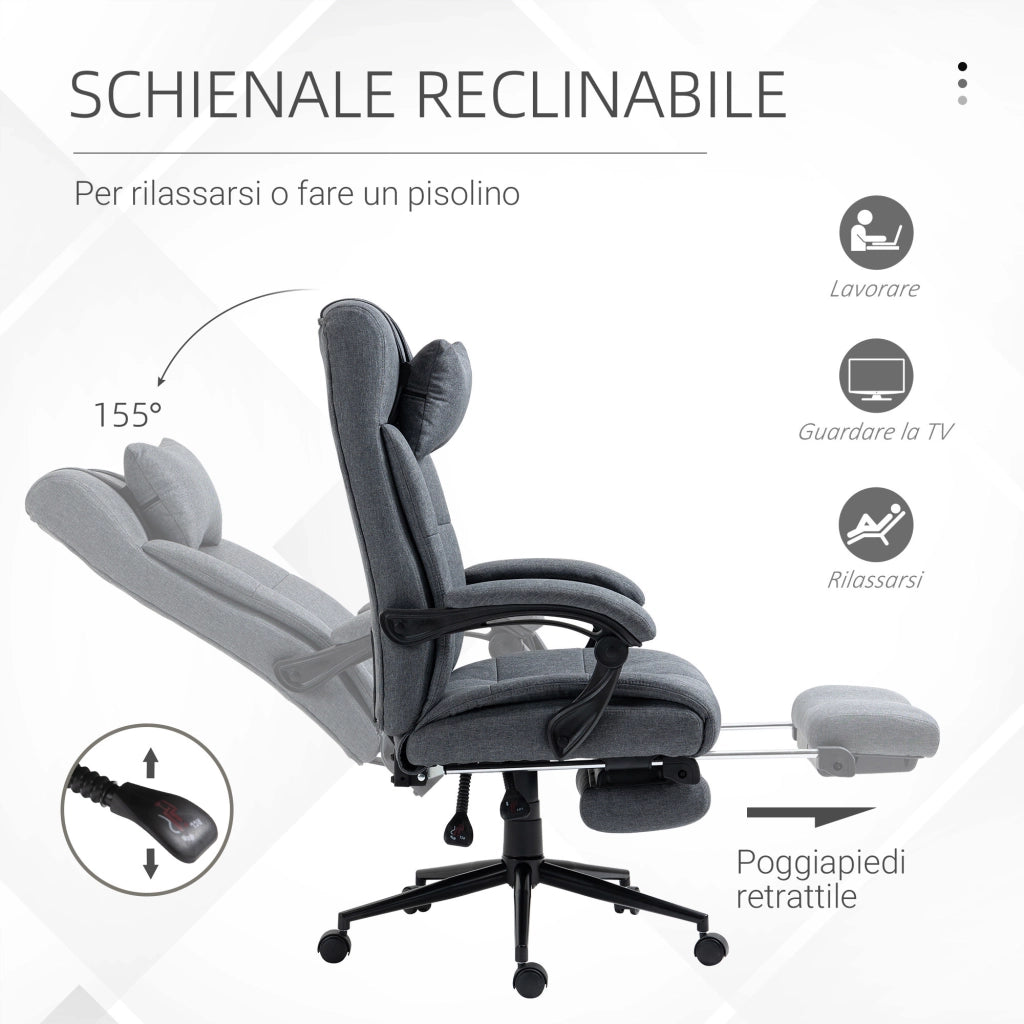 Sedia da Ufficio Ergonomica Reclinabile, Sedia Direzionale con Schiena Alta, Poltrona Ufficio con Poggiatesta e Poggiapiedi Estraibile, 66x76x112-120cm, Grigio