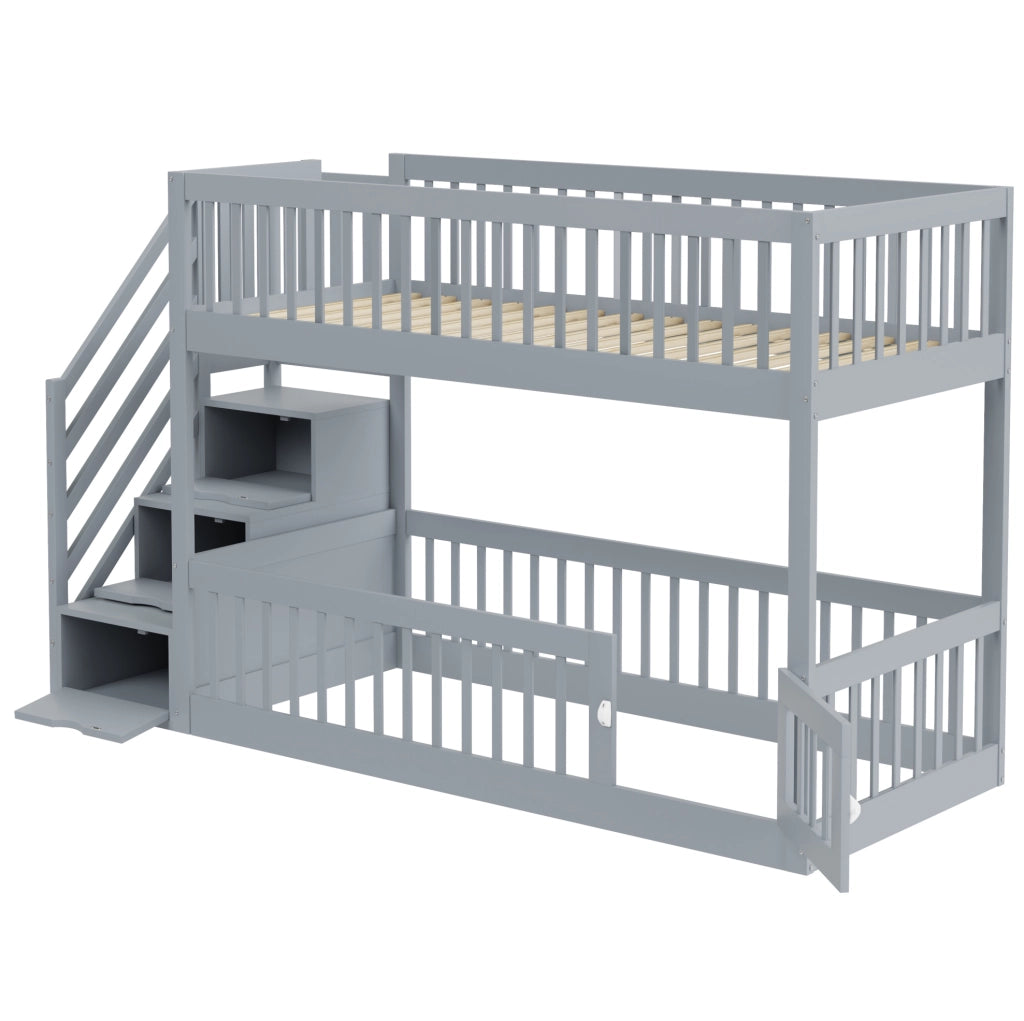 Letto a Castello per Bambini 90x200 cm in Legno con Scala Sicura e Cassetti, Grigio e Bianco