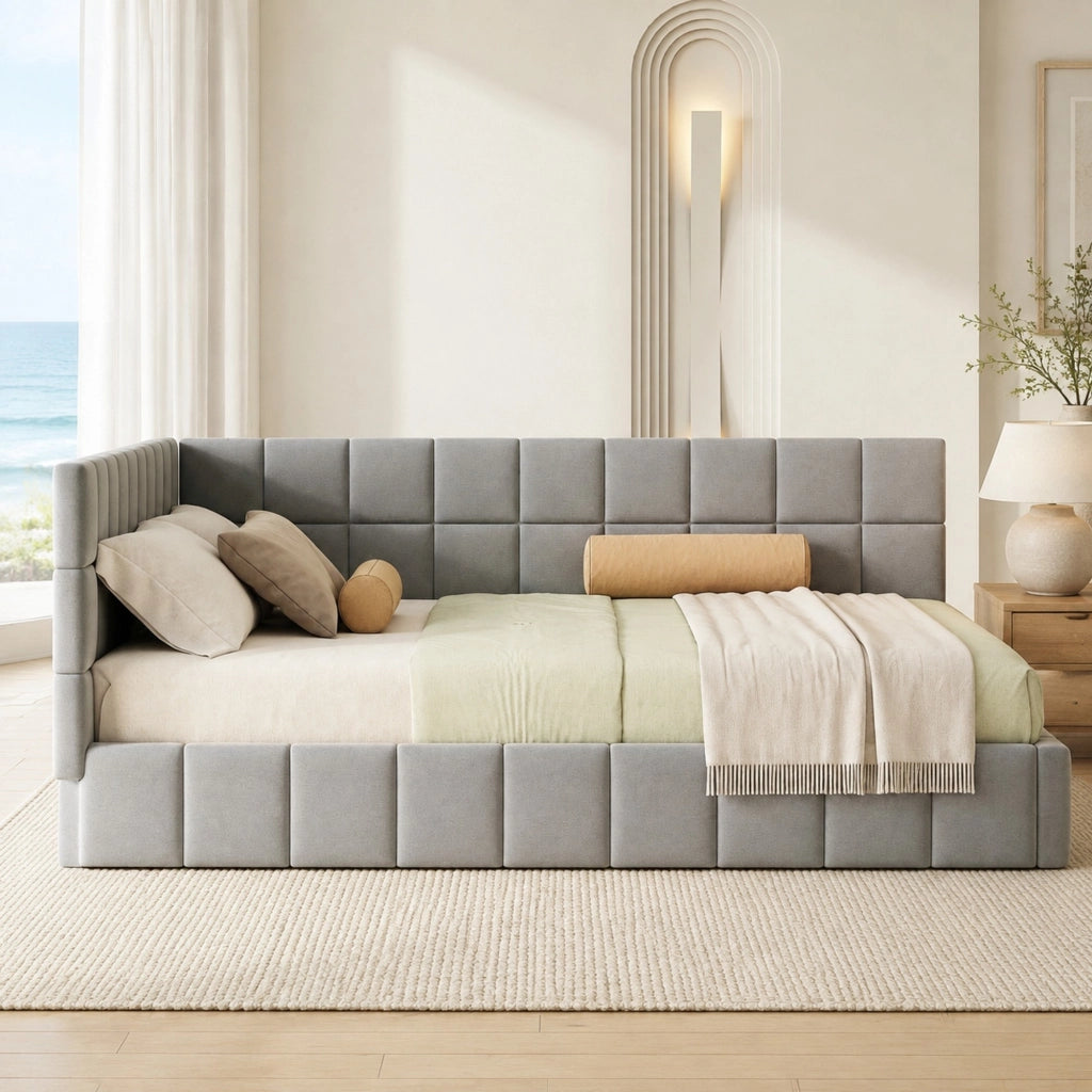 Letto a giorno imbottito in tessuto con rete a doghe; 160x200 cm; grigio