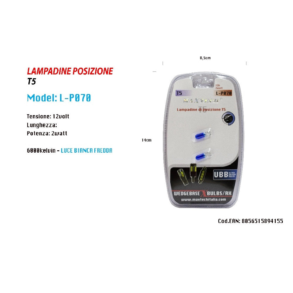 Trade Shop - Lampadine Di Posizione T5 L-p070 12 Volt 2 Watt 6000k Luce Bianca Fredda Maxtech -