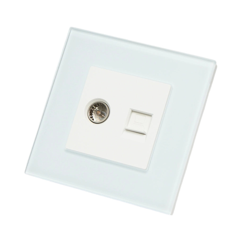 Presa TV + internet CAT5 RJ45, cornice in vetro bianco 86x86mm