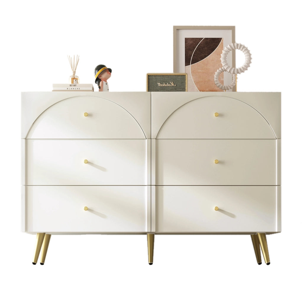 Cassettiera con 6 cassetti frontali curvi 120x40x85 cm; in truciolare e metallo; crema bianco