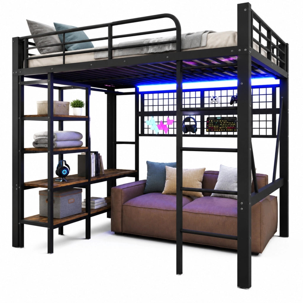 Letto a soppalco 140 x 200 cm in metallo nero con LED, ripiani e rete