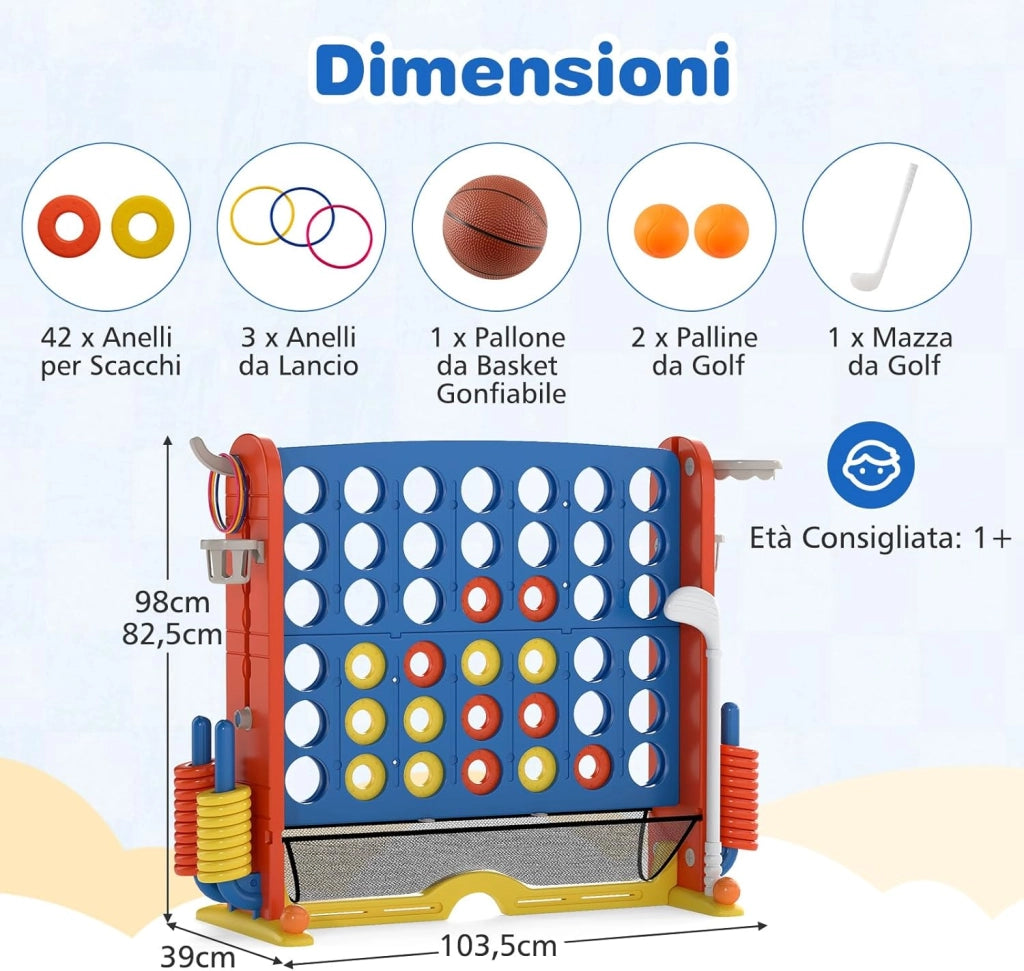 4 in 1 Forza 4 Gigante, Set di Gioco 4 in Fila con Lancio degli Anelli, Canestro da Basket, Palla, Mazza da Golf, Porta Bicchieri, Borsa e Tasca a Rete, Forza 4 Regolabile in Altezza (Blu)