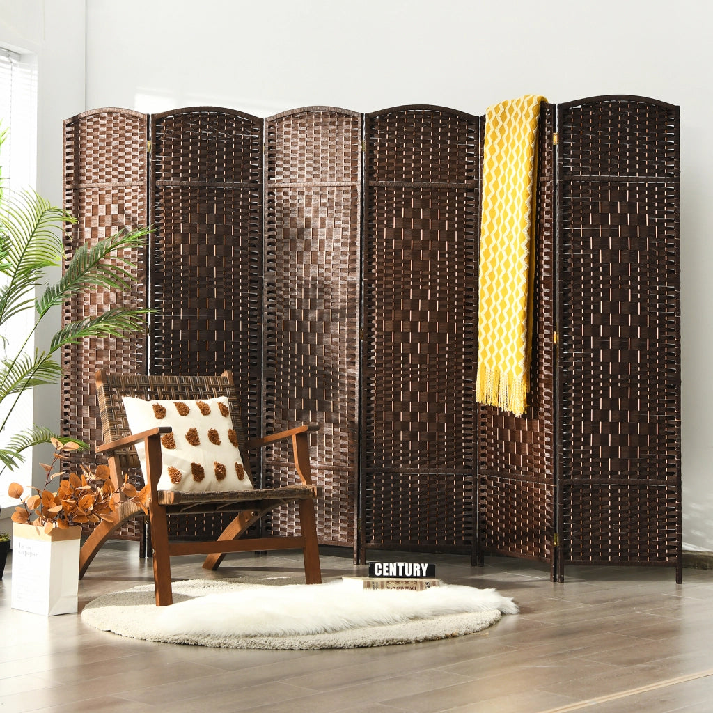 Divisori per ambienti a 6 pannelli alta 180 cm in rattan-Paravento-Schermo pieghevole per privacy con cornice in legno naturale Marrone