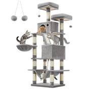 Tiragraffi grande torre gioco altezza 168 cm con 13 tiragraffi 1 tavola tiragraffi 2 piattaforme 2 nicchie cesto amaca pompon tessuto peluche multilivello grigio 12_0003840