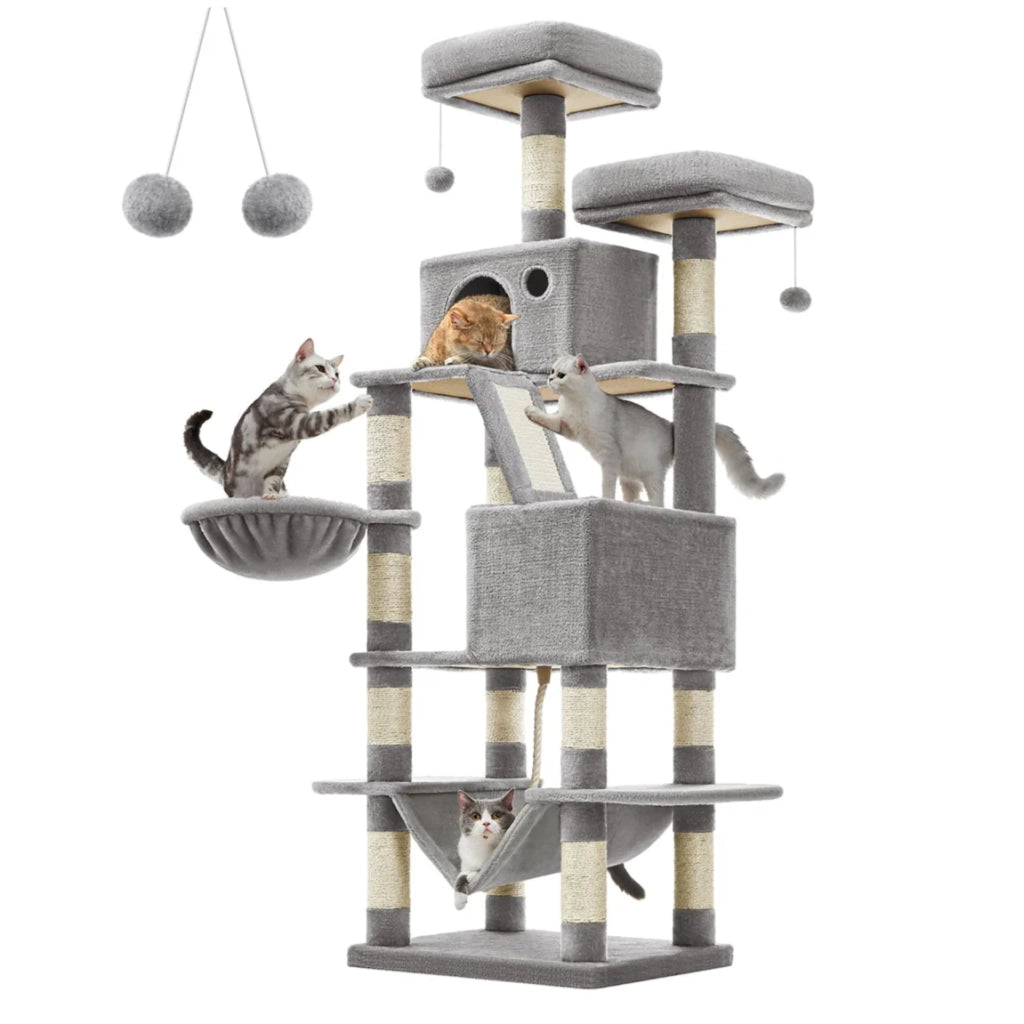Tiragraffi grande torre gioco altezza 168 cm con 13 tiragraffi 1 tavola tiragraffi 2 piattaforme 2 nicchie cesto amaca pompon tessuto peluche multilivello grigio 12_0003840