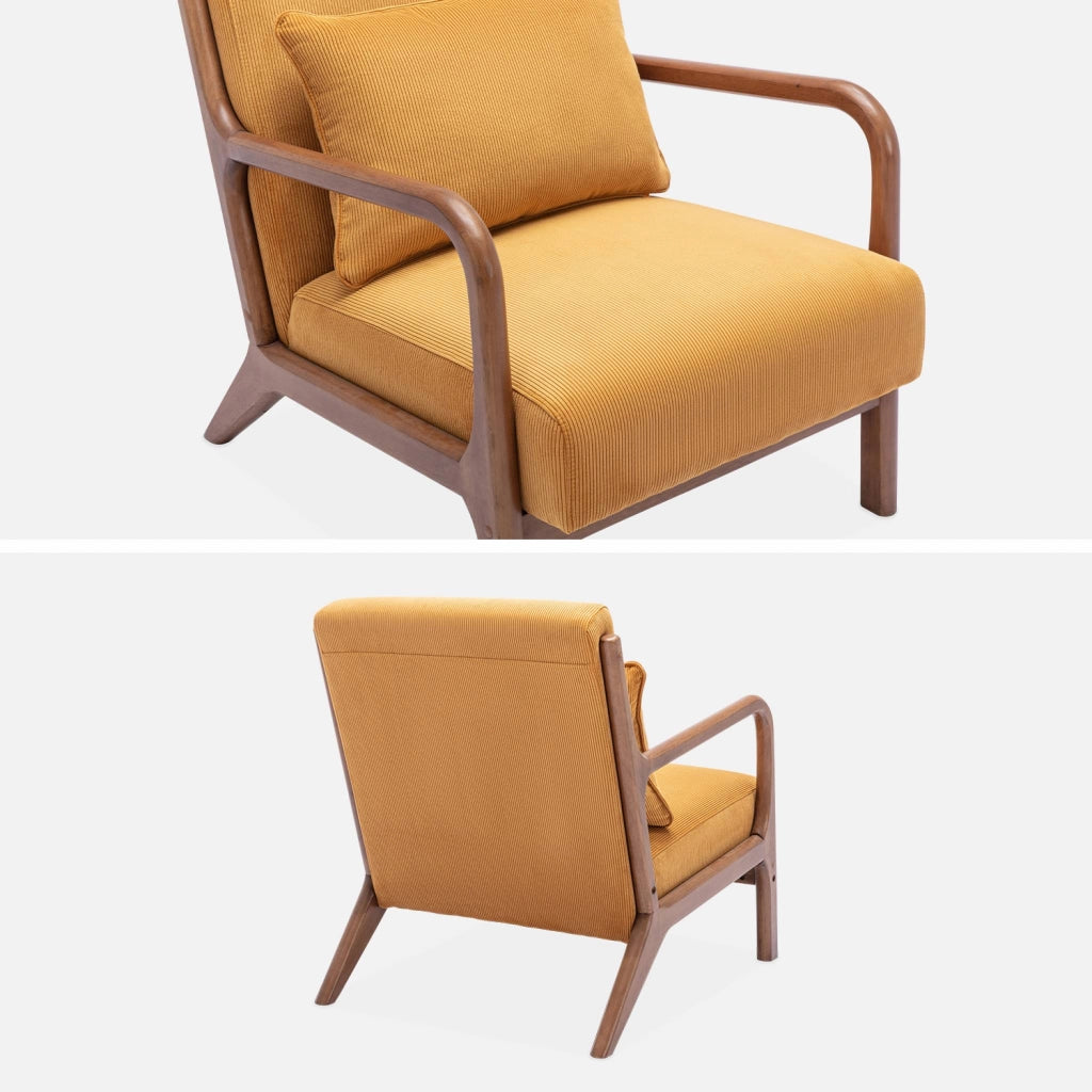 Poltrona scandinava in velluto a coste e legno di hevea, ocra