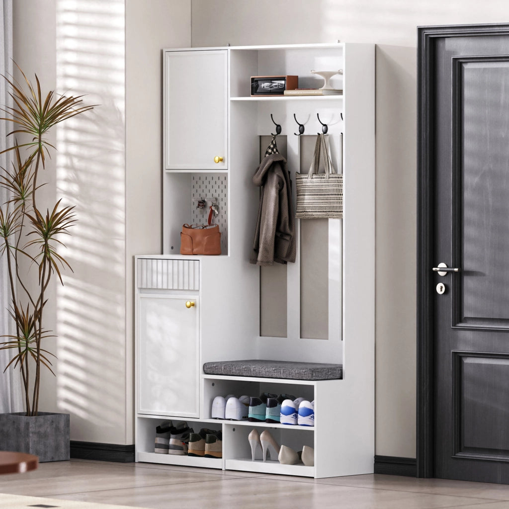 Mobile ingresso multifunzione con panca; 4 ganci; cassetti e pannello forato; bianco 100x35x180 cm