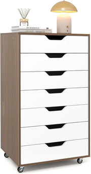 Cassettiera da Ufficio con 7 Cassetti, Mobiletto per Documenti con 4 Ruote Girevoli, Cassettiera da Scrivania in Legno per Ufficio e Soggiorno, 49 x 40 x 87 cm (Naturale + Bianco)