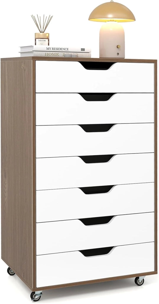 Cassettiera da Ufficio con 7 Cassetti, Mobiletto per Documenti con 4 Ruote Girevoli, Cassettiera da Scrivania in Legno per Ufficio e Soggiorno, 49 x 40 x 87 cm (Naturale + Bianco)