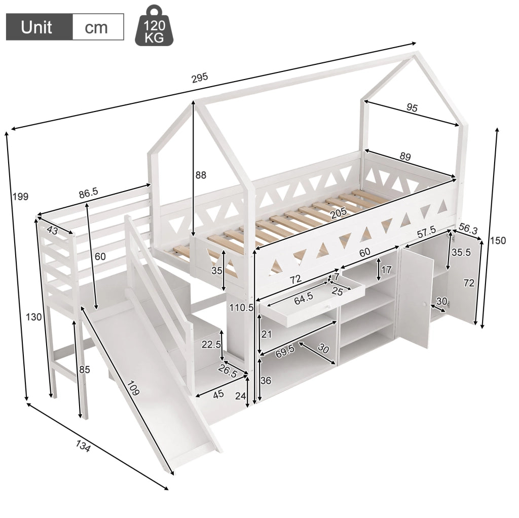 Letto per bambini multifunzionale con scivolo, scale e contenitori 90x200 cm