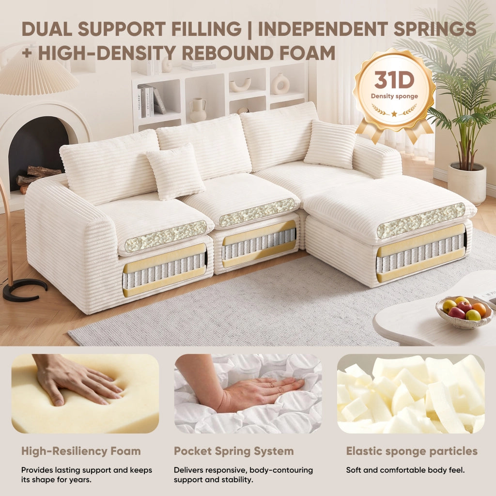 Divano modulare 3 pezzi configurabile con seduta profonda e schienali morbidi in velluto a coste beige per salotto