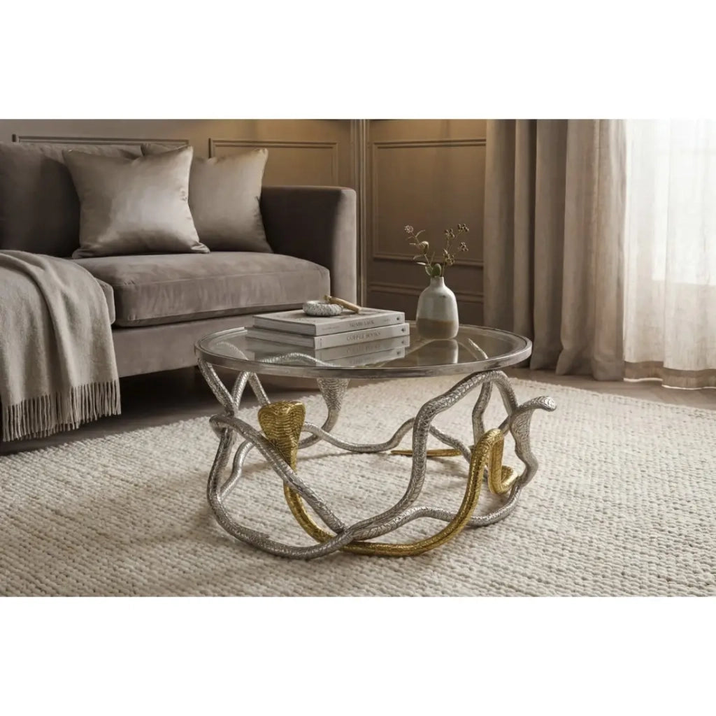 Tavolino basso VIPEREA rotondo 67 cm in alluminio argentato e dorato con vetro temperato