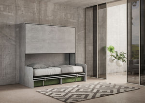 Letto Doppio A Scomparsa Kando Con Divano Con Materassi Cemento e Verde